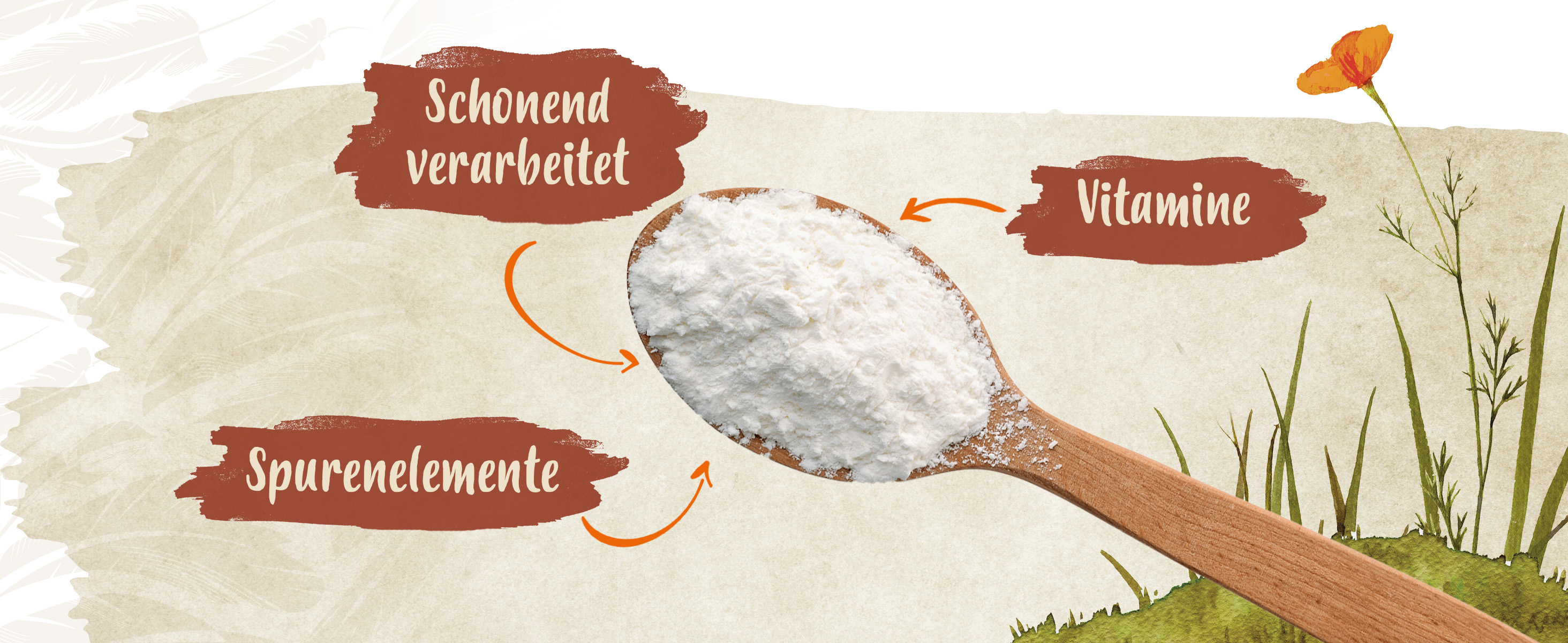 Erklärungen zum Ida Plus MineralPlus. Zu sehen ist ein Holzlöffel mit dem Produkt. Text: Schonend verarbeitet, Vitamine und Spurenelemente