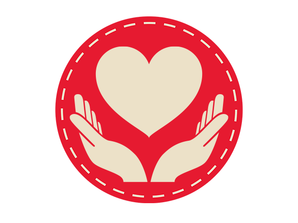 Icon in rot. Abgebildet ist ein rores Herz, das von zwei Händen gehalten wird.