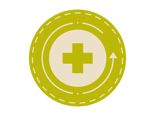 Icon in grün, auf dem ein Kreuz sowie ein umlaufender Pfeil zu sehen sitzt. Das Zeichen soll rundum Schutz darstellen.