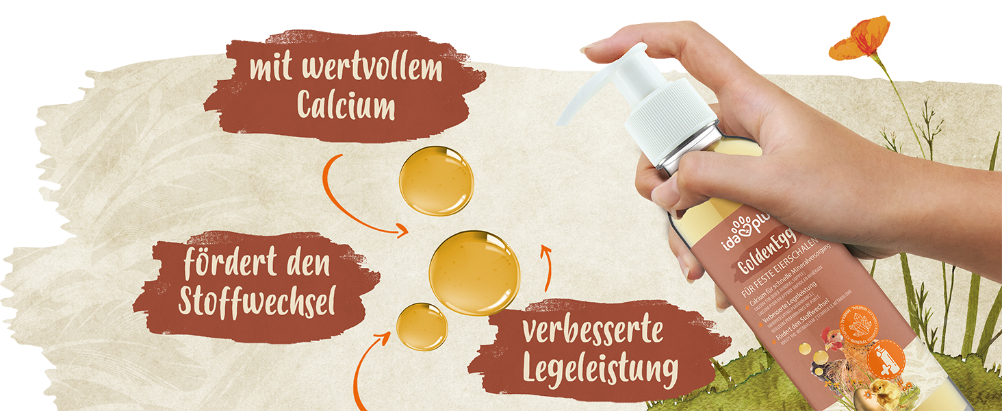 Erklärungen zum Ida Plus GoldenEgg. das Produkt wird in einer Hand gehalten. Text: verbesserte Legeleistung, mit wertvollem Calcium und fördert den Stoffwechsel