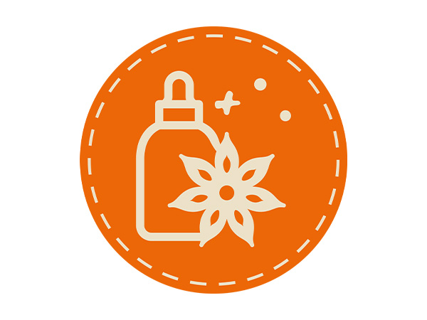 MineralGritMix Benefit Orangefarbenes Symbol mit Abbildung von Sternanis und einer Flasche. Orangefarben